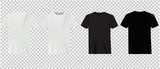 Set of white and black t-shirts on a transparent background. Classic shirts, casual wear.