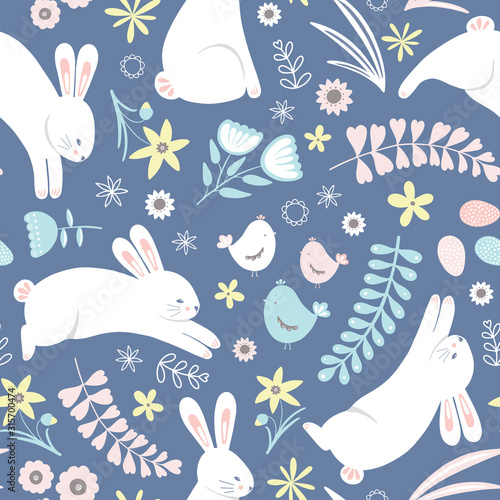 Easter pattern. Cute vector bunny floral seamless repeat design background.