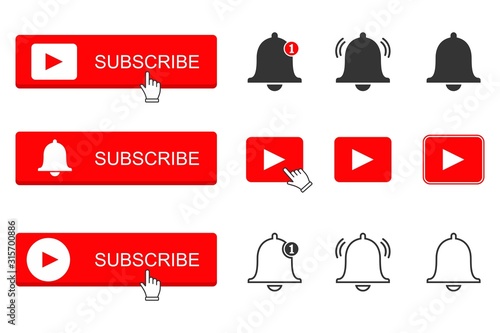 Subscribe red button and notification bells isolated on white background, vector Illustration