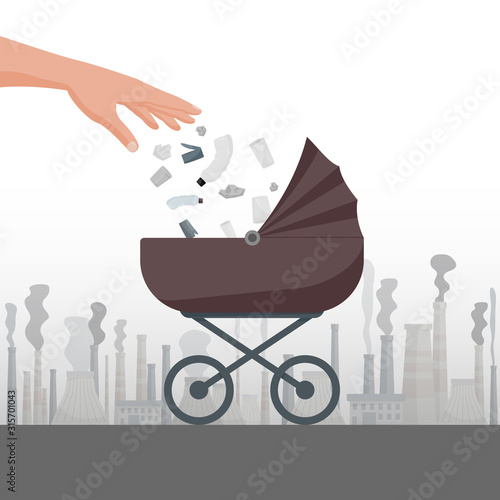 The concept of environmental pollution for the next generation. Pram on the background of a factory building with pipes. Vector illustration.
