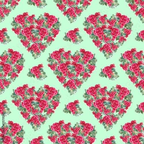 Red begonia flowers with leaves on light green background. Heart of flowers. Seamless floral pattern. Watercolor painting. Hand painted botanical illustration.Textile, packaging, paper design.