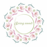 Round decorative frame with flowers, spring mood. Vector illustration