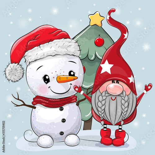 Cartoon Gnome and snowman near the Christmas tree