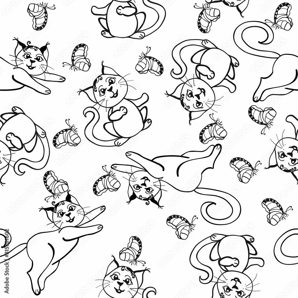 Seamless pattern with cute cat and butterfly.