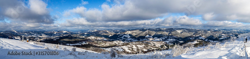 Panoramic view from mountain Zakhar Berkut, Carpathian mountains, Ukraine. Horizontal outdoors shot
