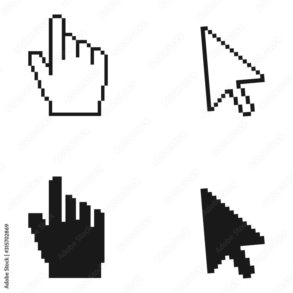Pixel cursors icons. Pixel arrow cursor Icon isolated on white background. Vector illustration. Pixel cursors icons. Pixel arrow cursor Icon isolated on white background. Vector illustration.