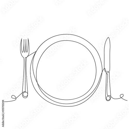 Empty plate, fork, and knife. Table setting one line drawing on white isolated background