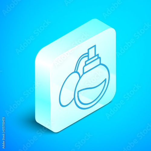 Isometric line Perfume icon isolated on blue background. Silver square button. Vector Illustration
