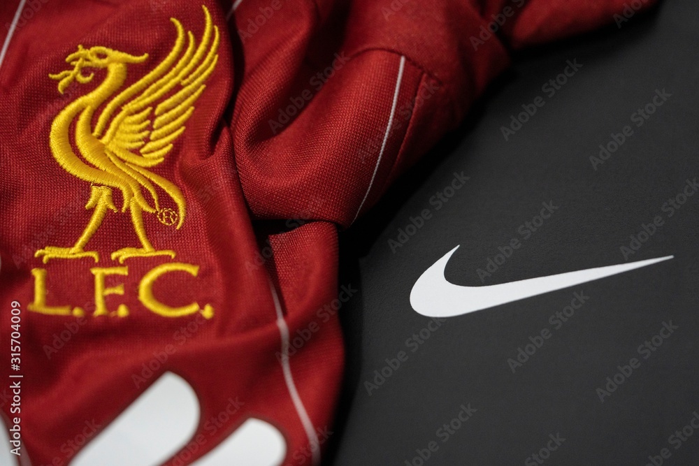 BANGKOK,THAILAND-JANUARY 16: View of Liverpool Jersey with Nike Logo on January Liverpool will Change Their Jersey Sponsor to Nike in 2021 Season foto Stock | Adobe Stock