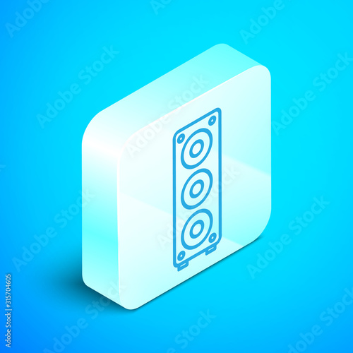 Isometric line Stereo speaker icon isolated on blue background. Sound system speakers. Music icon. Musical column speaker bass equipment. Silver square button. Vector Illustration