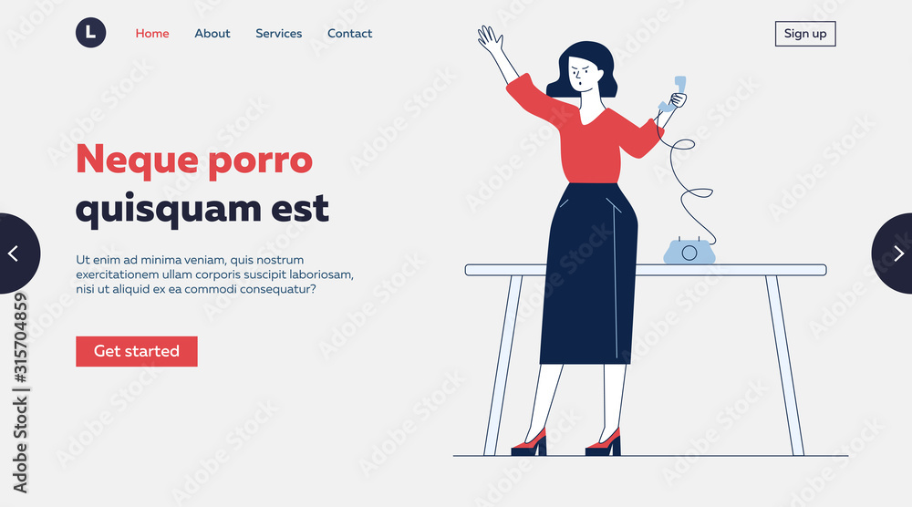 Secretary using wired telephone. Woman calling someone to phone flat vector illustration. Communication, retro technology concept for banner, website design or landing web page