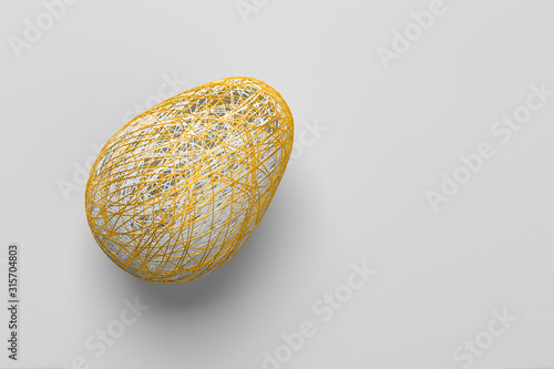 Easter concept. One egg woven from many intertwined Golden threads lying on a white background. 3D stock illustration.