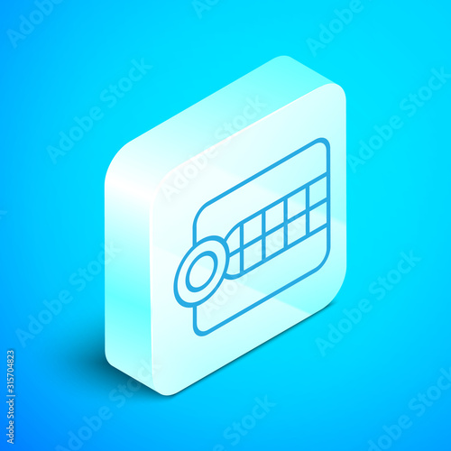 Isometric line Dentures model icon isolated on blue background. Dental concept. Silver square button. Vector Illustration