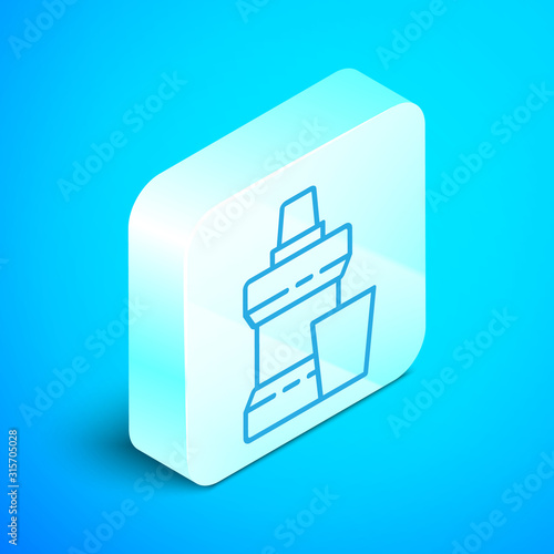Isometric line Mouthwash plastic bottle and glass icon isolated on blue background. Liquid for rinsing mouth. Oralcare equipment. Silver square button. Vector Illustration