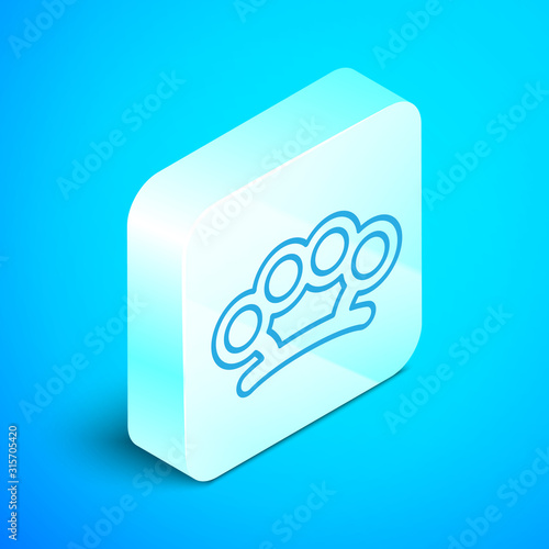 Isometric line Brass knuckles icon isolated on blue background. Silver square button. Vector Illustration
