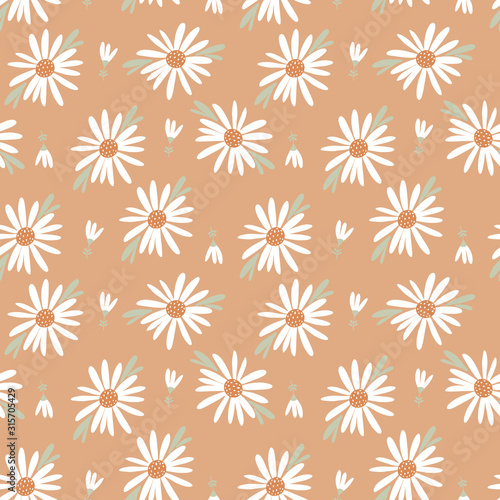 white daisy flowers pattern on beige background