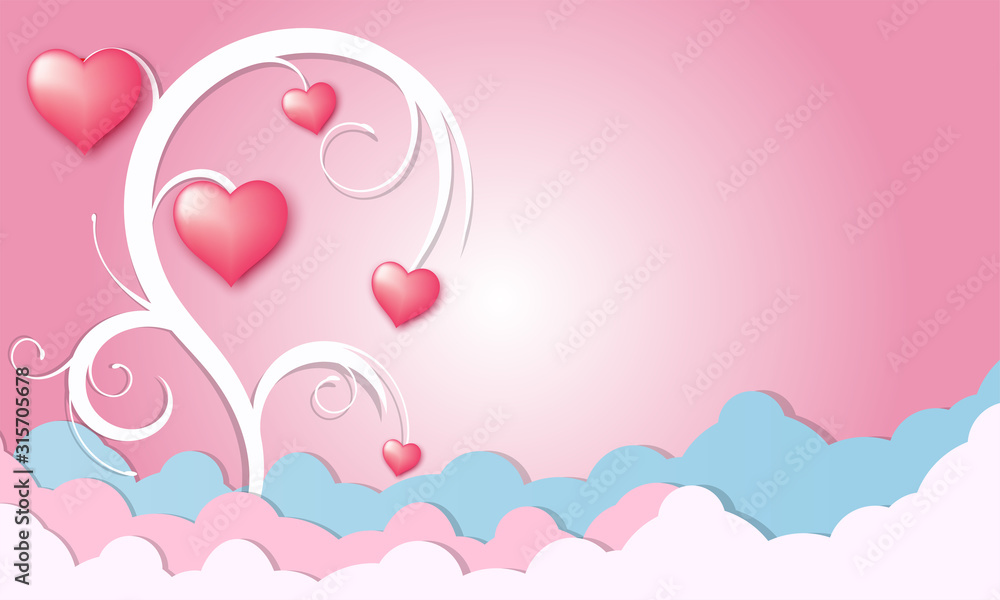 Valentine's Day background with 3d Red hearts hanging on a tree branch and clouds, Vector illustration.valentine concept for postcard, web, invitation