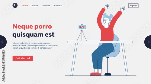Female blogger sitting at desk with camera on tripod. Woman recording video, posing flat vector illustration. Online business, networking, blog concept for banner, website design or landing web page