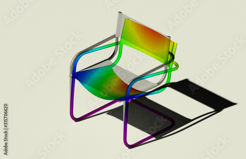 A patio chair 3D rendering along with its finite element mesh and indicative deflection mapping and deformations derived from finite element analysis on white backround