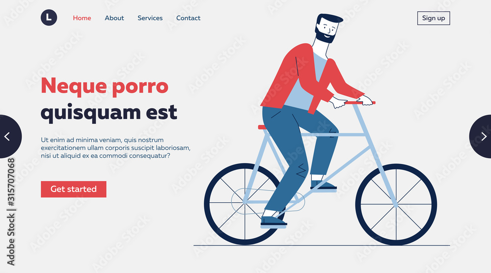 Fototapeta premium Bearded man riding bike. Male commuter moving by bicycle flat vector illustration. Commuting, lifestyle, city transport concept for banner, website design or landing web page