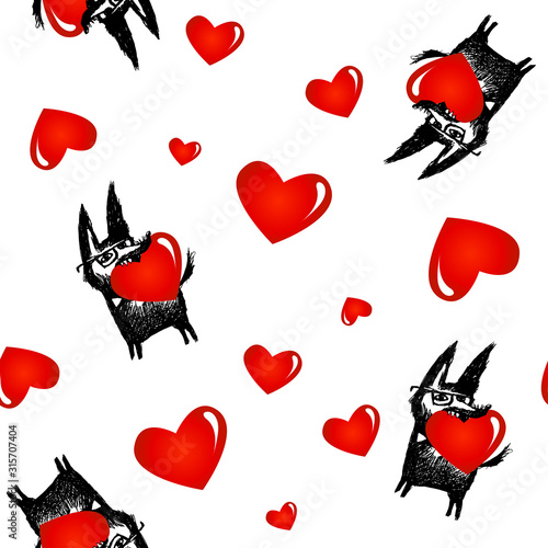Dogs and hearts seamless pattern on white background. Funny dog character with glasses holding a heart. Valentine's vector background concept for wallpapers, textile, gift wrap.