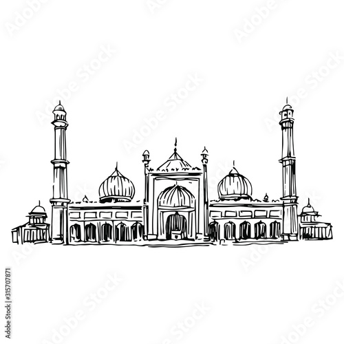 Isolated vector illustration. Jama Masjid, Delhi. Indian Mogul mosque. Hand drawn linear ink sketch. Black silhouette on white background.
