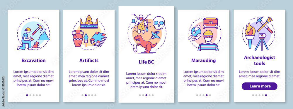 Obraz premium Archeology onboarding mobile app page screen with linear concepts. Excavating and preserving artifacts walkthrough steps graphic instructions. UX, UI, GUI vector template with illustrations
