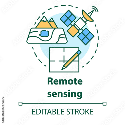 Remote sensing concept icon. Modern cartography. Earth exploration from space. Surveying satellite imagery idea thin line illustration. Vector isolated outline drawing. Editable stroke