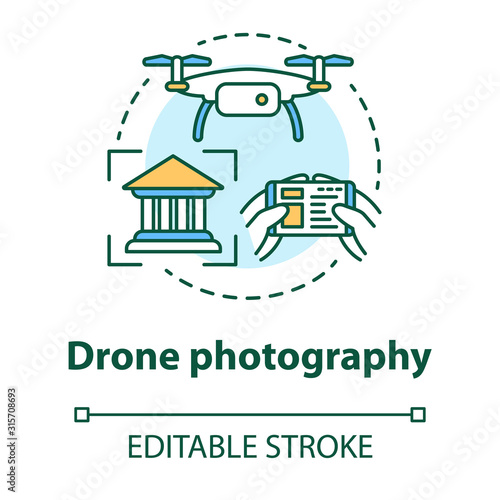 Drone photography concept icon. Quad copter with camera spying on house. Shooting historical objects from unusual angle idea thin line illustration. Vector isolated outline drawing. Editable stroke