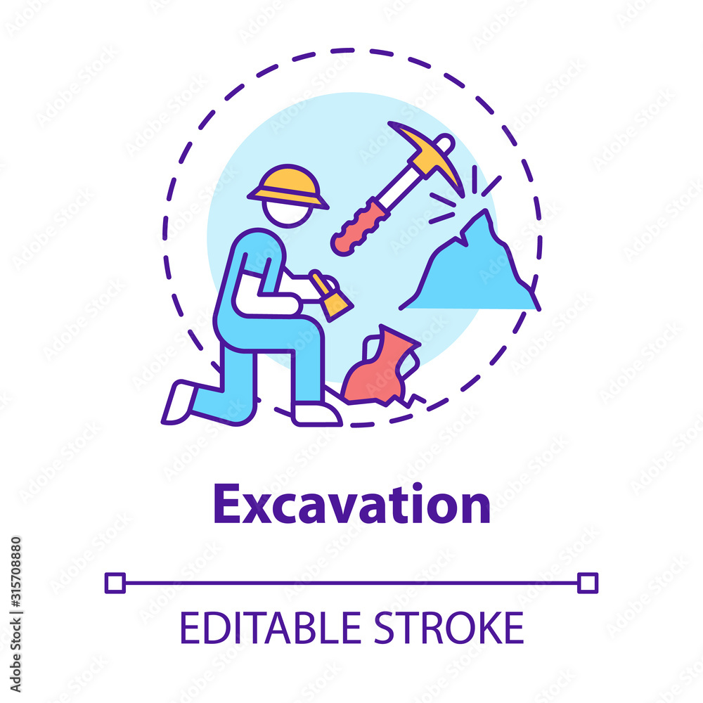 Excavation concept icon. Archaeological expedition. Historical research. Search for ancient artifacts. Cultural layer idea thin line illustration. Vector isolated outline drawing. Editable stroke