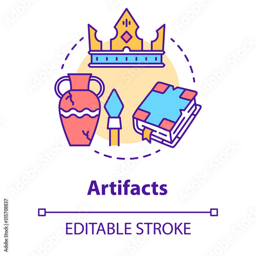 Artifacts concept icon. Ancient treasures. Museum exhibits. Archaeological old civilization evidences. Historical research idea thin line illustration. Vector isolated outline drawing. Editable stroke
