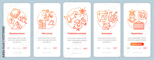 Archeology onboarding mobile app page screen vector template. Mysteries of past researching. Walkthrough website steps with linear illustrations. UX, UI, GUI smartphone interface concept