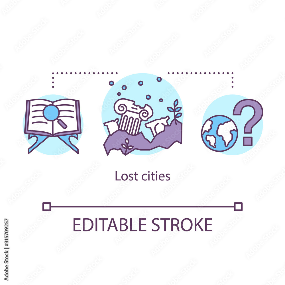 Fototapeta premium Lost cities concept icon. Ancient settlement researching. archeological site. Study of cataclysms in history of mankind idea thin line illustration. Vector isolated outline drawing. Editable stroke