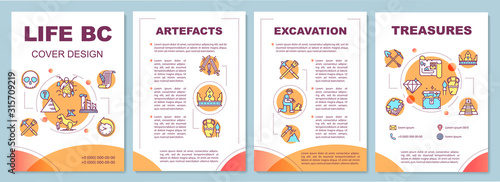 Life BC brochure template. Artefacts, excavation, treasures. Flyer, booklet, leaflet print, cover design with linear icons. Vector page layouts for magazines, annual reports, advertising posters