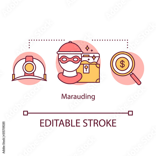 Marauding concept icon. Treasure hunting. Illegal digging of various antiquities. Theft of archaeological artifacts idea thin line illustration. Vector isolated outline drawing. Editable stroke