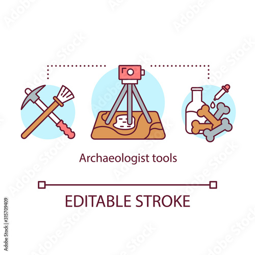 Archeologist tools concept icon. Archaeological expedition. Excavation and laboratory analysis. Treasure hunter equipment idea thin line illustration. Vector isolated outline drawing. Editable stroke