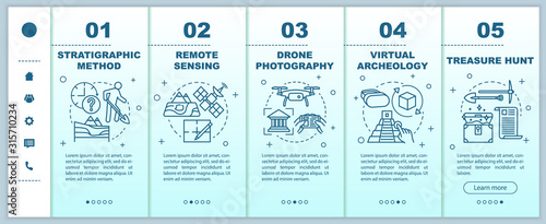 Archeology methods onboarding mobile web pages vector template. Treasure hunt. Responsive smartphone website interface idea with linear illustrations. Webpage walkthrough step screens. Color concept