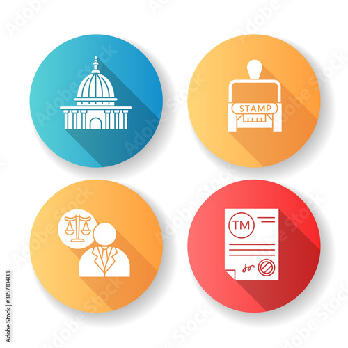 Notary services flat design long shadow glyph icons set. Apostille and legalization. Notarized document. Trademark certificate. Supreme court. Lawyer. Stamp. Silhouette RGB color illustration