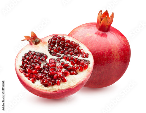 pomegranate with half of pomegranate isolated on a white background