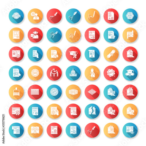 Notary services flat design long shadow glyph icons set. Apostille and legalization. Notarized document. Certificate. Courthouse. Real estate litigation. License. Silhouette RGB color illustration