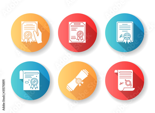 Certificates flat design long shadow glyph icons set. Apostille and legalization. Diploma. Legal document. License. Education. Achivement. Award. Notary services. Silhouette RGB color illustration