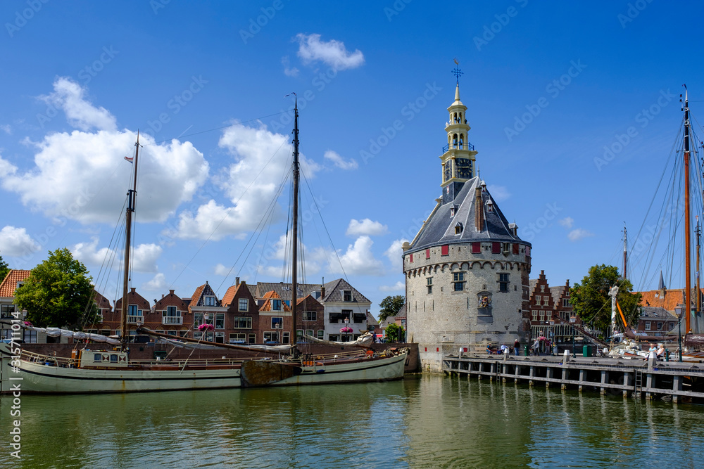 Netherlands, North Holland, Hoorn, Sailing ship moored in front of Hoofdtoren Netherlands, North Holland, Hoorn, Sailing ship moored in front of Hoofdtoren