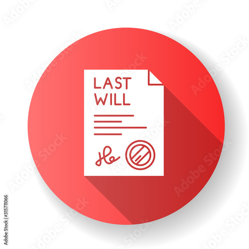 Signed last will red flat design long shadow glyph icon. Document with stamp. Notarized testament. Apostille and legalization. Legal paper. Notary services. Silhouette RGB color illustration