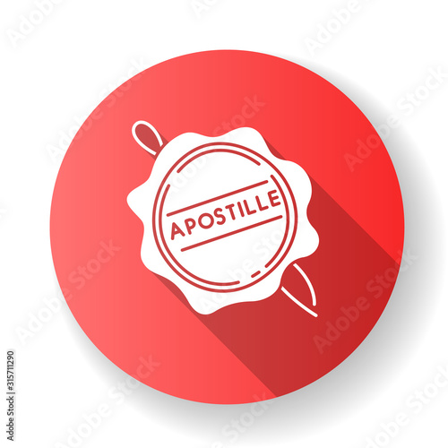 Apostille wax seal red flat design long shadow glyph icon. Notary services stamp mark. Legalization. Notarization. Notarized document. Validation, confirmation. Silhouette RGB color illustration