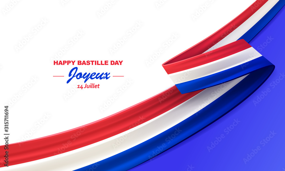 Happy Bastille Day, Joyeux 14 Juillet. 14th july, French national day, bent waving ribbon in colors of the French national flag. Celebration background.
