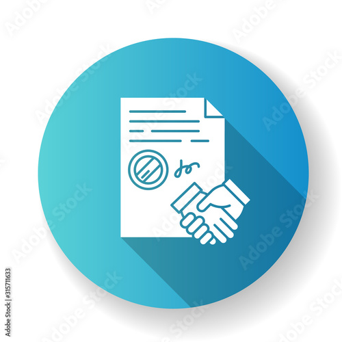 Conclusion of contract blue flat design long shadow glyph icon. Signed notarized document with stamp. Legal agreement. Business deal. Partnership. Notary services. Silhouette RGB color illustration