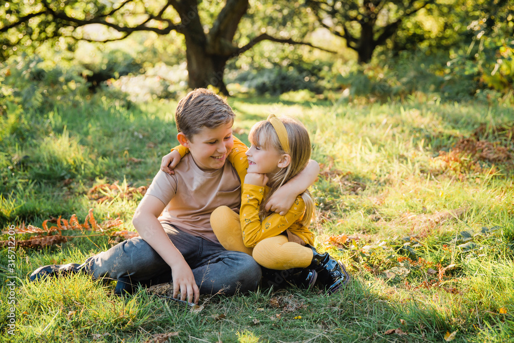 Portrait of happy little girl arm in arm with her older brother on a meadow Portrait of happy little girl arm in arm with her older brother on a meadow