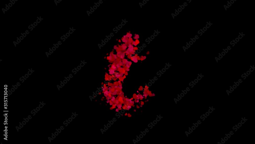 Letter T lowercase made from red hearts reveals in center and fades away with wind. Letter T lowercase made from red hearts reveals in center and fades away with wind.