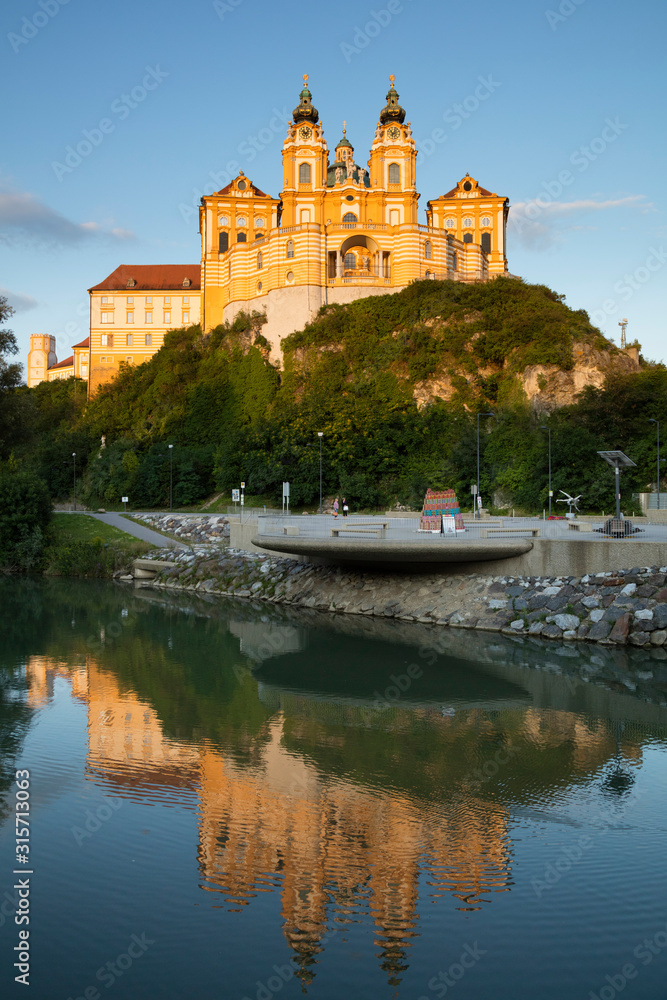 Austria, Lower Austria, Melk, Melk Abbey reflecting in Danube River at dusk Austria, Lower Austria, Melk, Melk Abbey reflecting in Danube River at dusk