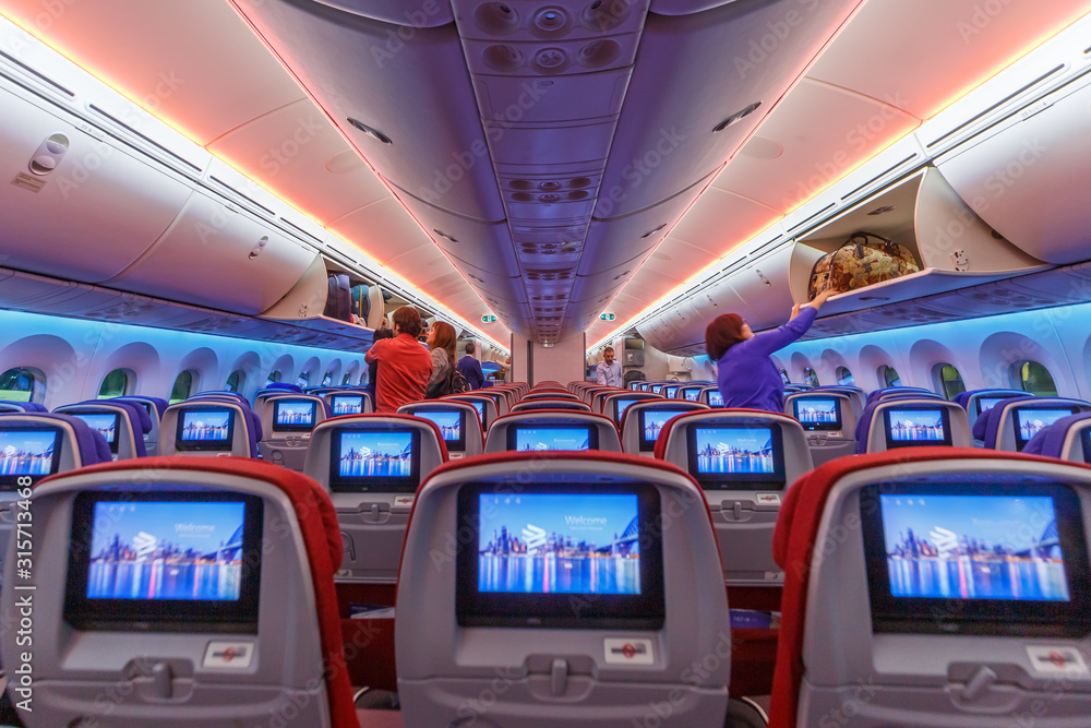 Latam Economy Class Cabin In A Boeing 787 9 Dreamliner Airplane Stock